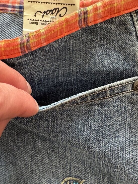 Clash Y2K Blue Denim & Orange Plaid Festival Floral Embroidered Preppy Skirt M - Picture 6 of 9